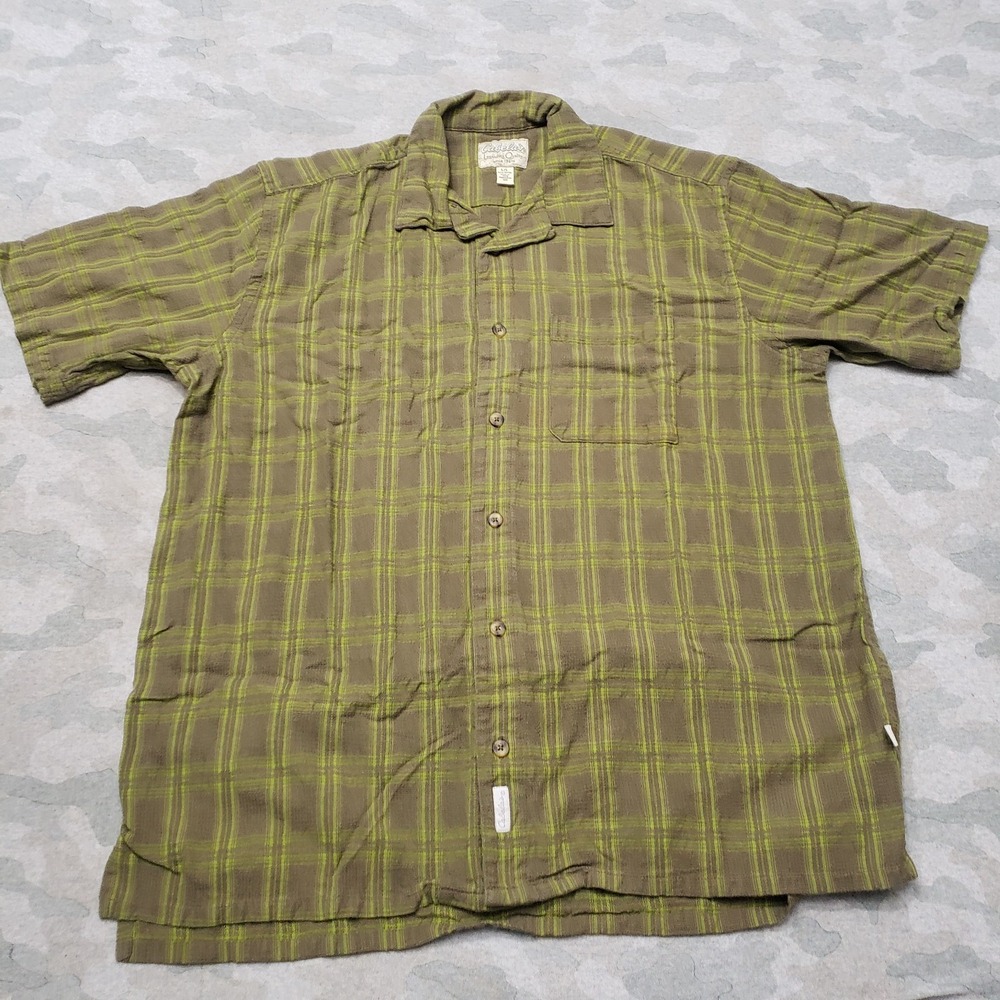 Cabela's Shirt Mens Large Green Short Sleeve Button-Up Check Outdoors Workwear